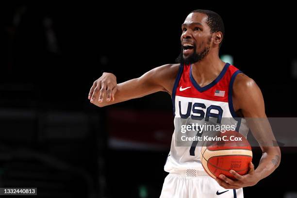Kevin Durant of Team United States reacts against Team Australia during the first half of a Men's Basketball quarterfinals game on day thirteen of...