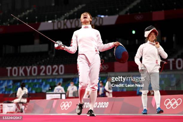 Sehee Kim of Team South Korea celebrates during the Fencing Ranked Round of the Women's Modern Pentathlon on day thirteen of the Tokyo 2020 Olympic...
