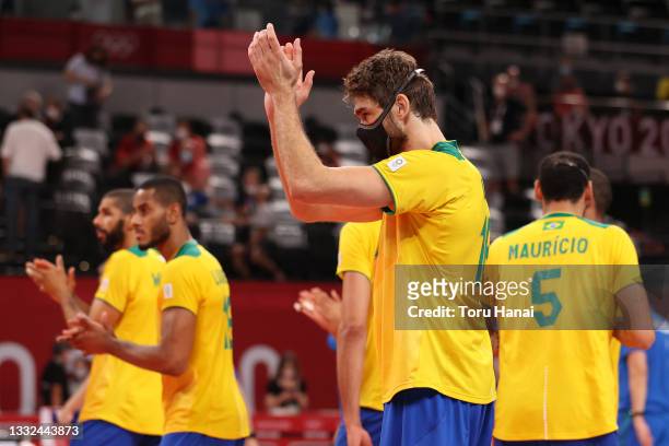 Lucas Saatkamp of Team Brazil reacts after losing to Team ROC during the Men's Semifinals volleyball on day thirteen of the Tokyo 2020 Olympic Games...