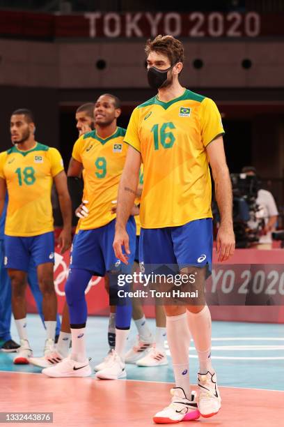 Lucas Saatkamp of Team Brazil reacts after losing to Team ROC during the Men's Semifinals volleyball on day thirteen of the Tokyo 2020 Olympic Games...