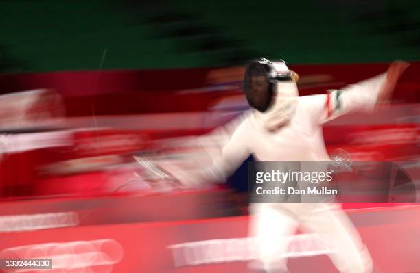 Michelle Gulyas of Team Hungary competes during the Fencing Ranked Round of the Women's Modern Pentathlon on day thirteen of the Tokyo 2020 Olympic...