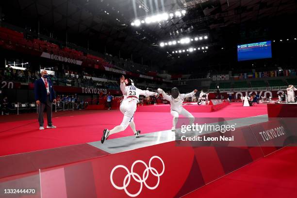 Alise Fakhrutdinova of Team Uzbekistan and Sehee Kim of Team South Korea compete during the Fencing Ranked Round of the Women's Modern Pentathlon on...