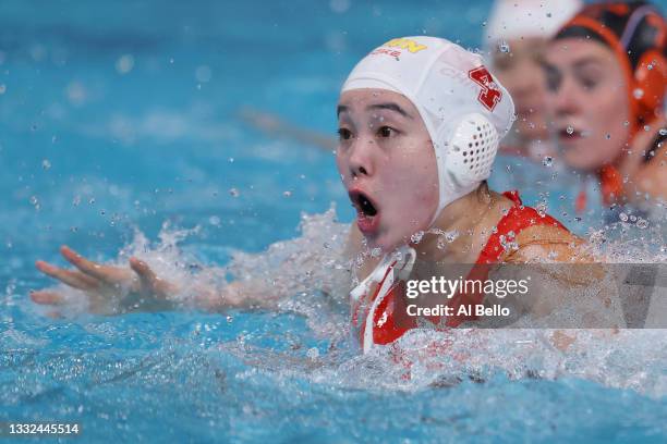 Dunhan Xiong of Team China reacts during the Women's Classification 5th-8th match between China and the Netherlands on day thirteen of the Tokyo 2020...