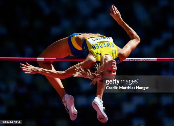 Erika Kinsey of Team Sweden competes in the Women's High Jump Qualification on day thirteen of the Tokyo 2020 Olympic Games at Olympic Stadium on...
