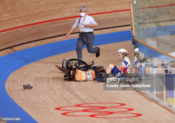 Laurine van Riessen of Team Netherlands and Katy Marchant of Team Great Britain react to fall during the Women's Keirin quarterfinals - heat 1 of the...