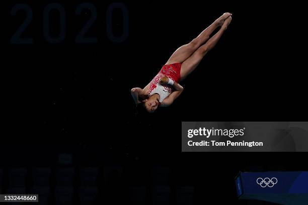 Hongchan Quan of Team China competes in the Women's 10m Platform Final on day thirteen of the Tokyo 2020 Olympic Games at Tokyo Aquatics Centre on...