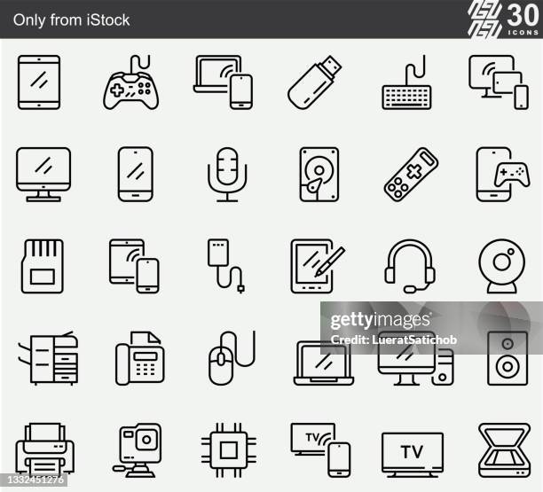 devices connect line icons - hard drive stock illustrations