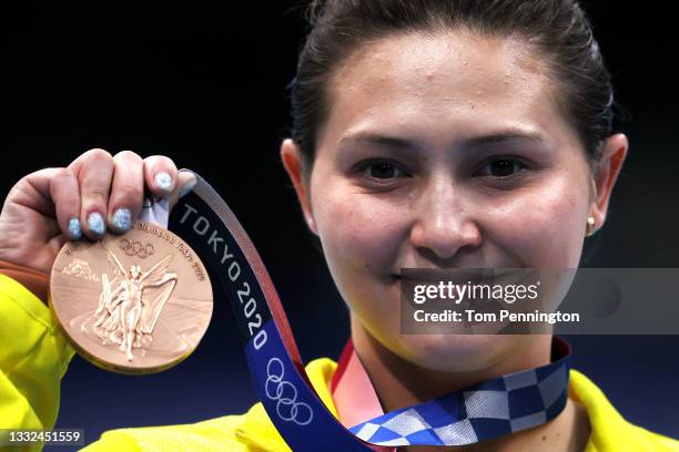 Bronze Medalist Melissa Wu of Team Australia celebrates during the medal ceremony for the Women's 10m Platform Final on day thirteen of the Tokyo...