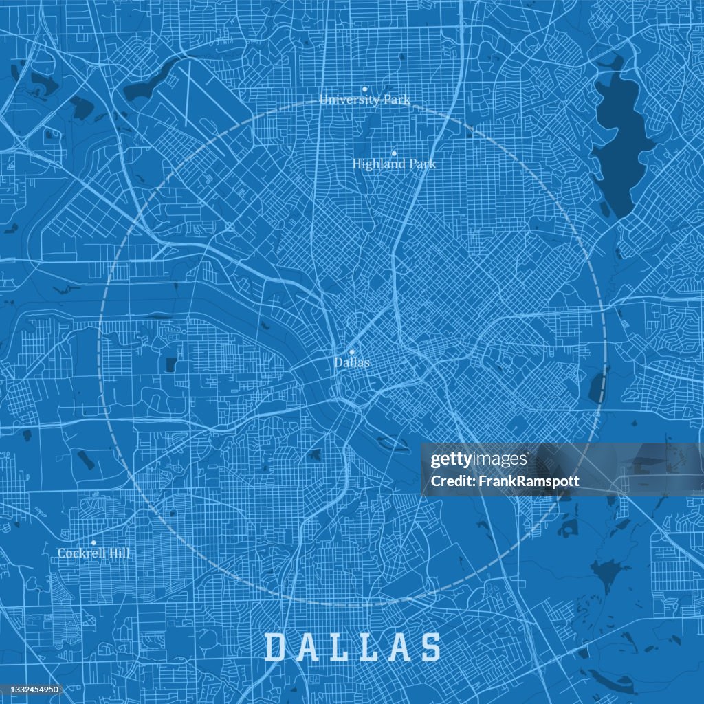 Dallas TX City Vector Road Map Blue Text