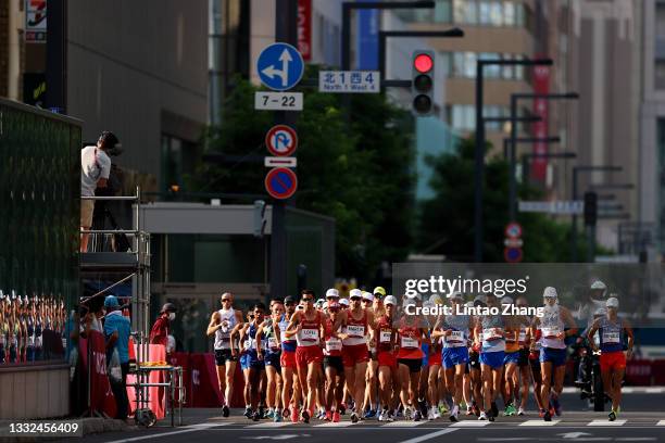 Athletes compete during the Men's 20km Race Walk on day thirteen of the Tokyo 2020 Olympic Games at Sapporo Odori Park on August 05, 2021 in Sapporo,...