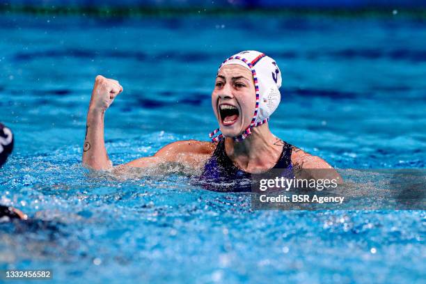 Ekaterina Prokofyeva of ROC celebrating during the Tokyo 2020 Olympic Waterpolo Tournament Women Semifinal match between Team ROC and Team United...