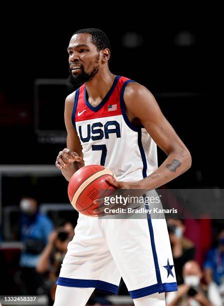 Kevin Durant of the USA looks to pass during the Basketball semi final match between Australia and the USA on day thirteen of the Tokyo 2020 Olympic...