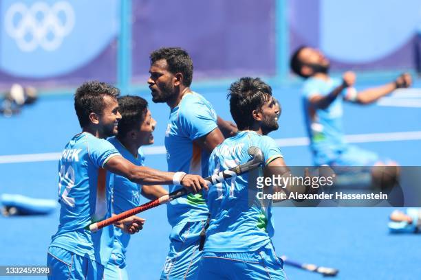 Sumit of Team India reacts with team mates after winning the Men's Bronze medal match between Germany and India on day thirteen of the Tokyo 2020...