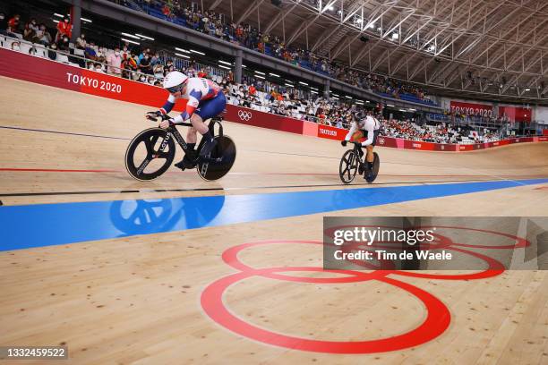 Jack Carlin of Team Great Britain ahead of Maximilian Levy of Team Germany sprint during the Men's sprint quarterfinals race 2 - heat 3 of the track...