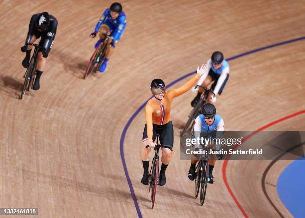 Shanne Braspennincx of Team Netherlands reacts to winning a gold medal during the Women's Keirin final, 1/6th place of the track cycling on day...