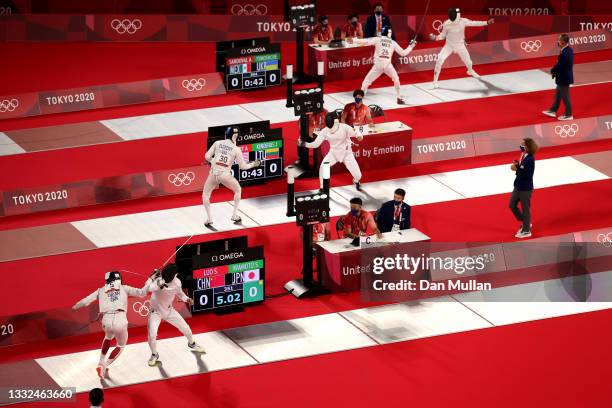 General view as competitors take part in the Fencing Ranked Round of the Men's Modern Pentathlon on day thirteen of the Tokyo 2020 Olympic Games at...