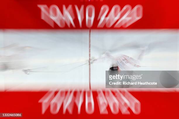Gustav Gustenau of Team Austria competes in the Fencing Ranked Round of the Men's Modern Pentathlon on day thirteen of the Tokyo 2020 Olympic Games...