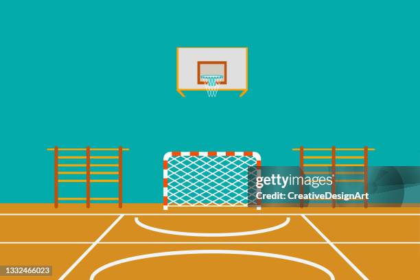 school gym hall with soccer goal, basketball hoop and gymnastic ladder - handball stock illustrations