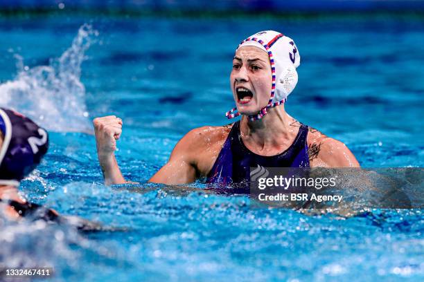 Ekaterina Prokofyeva of ROC celebrating during the Tokyo 2020 Olympic Waterpolo Tournament Women Semifinal match between Team ROC and Team United...