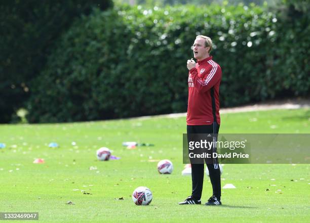 Jonas Eidevall the Arsenal Women Head Coach during the Arsenal Women's training session at London Colney on August 04, 2021 in St Albans, England.