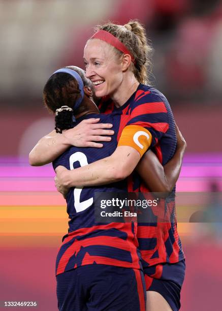 Crystal Dunn and Becky Sauerbrunn of Team United States celebrate their side's victory after the Women's Bronze Medal match between United States and...