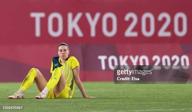 Alanna Kennedy of Team Australia looks dejected following defeat in the Women's Bronze Medal match between United States and Australia on day...