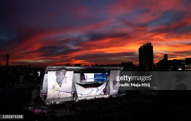 General View as Mickael Mawem of France competes during the Sport Climbing Men's Combined Final on day thirteen of the Tokyo 2020 Olympic Games at...