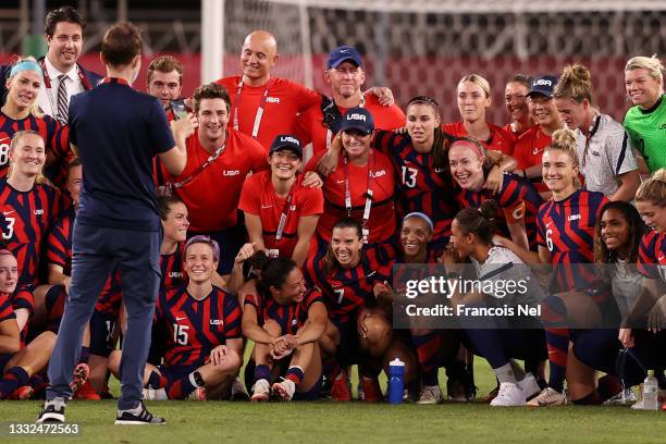 Players of Team United States pose for a photograph following victory in the Women's Bronze Medal match between United States and Australia on day...