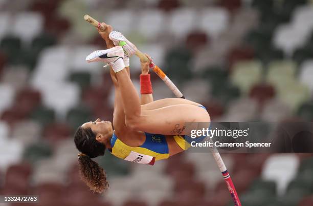 Angelica Bengtsson of Team Sweden competes in the Women's Pole Vault on day thirteen of the Tokyo 2020 Olympic Games at Olympic Stadium on August 05,...