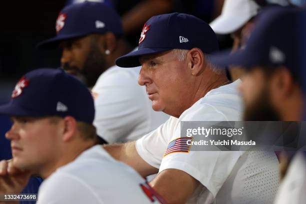 Manager Mike Scioscia of Team United States looks on prior to the start of the game against Team Republic of Korea during the semifinals of the men's...