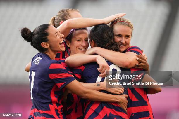 Carli Lloyd of the United States celebrates scoring with teammates during a game between Australia and USWNT at Kashima Soccer Stadium on August 5,...
