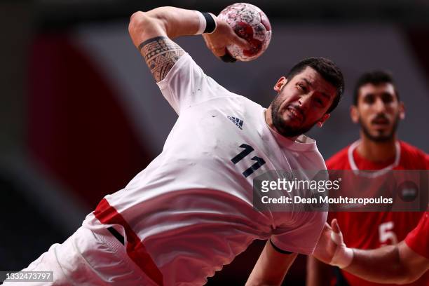 Nicolas Tournat of Team France shoots at goal during the Men's Semifinal handball match between France and Egypt on day thirteen of the Tokyo 2020...