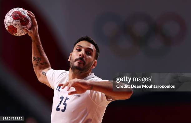 Hugo Descat of Team France shoots at goal during the Men's Semifinal handball match between France and Egypt on day thirteen of the Tokyo 2020...