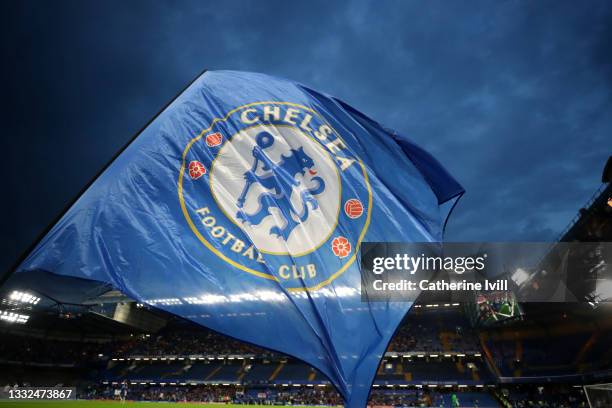 The Chelsea club badge on a flag during the Pre Season Friendly match between Chelsea and Tottenham Hotspur at Stamford Bridge on August 04, 2021 in...