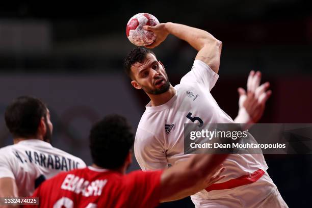 Nedim Remili of Team France shoots at goal during the Men's Semifinal handball match between France and Egypt on day thirteen of the Tokyo 2020...