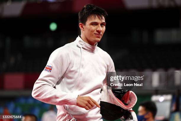 Joseph Choong of Team Great Britain celebrates during the Fencing Ranked Round of the Men's Modern Pentathlon on day thirteen of the Tokyo 2020...