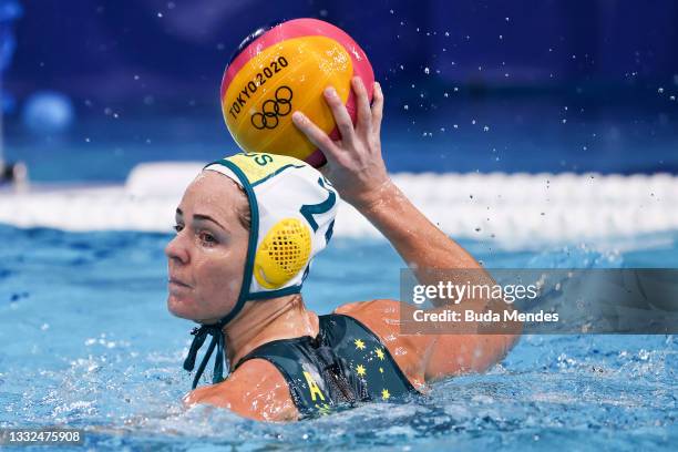 Keesja Gofers of Team Australia looks for options during the Women's Classification 5th-8th match between Australia and Canada on day thirteen of the...