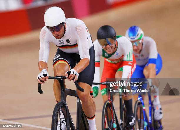 Roger Kluge of Team Germany competes during the Men's Omnium points race, 4 round of 4 of the track cycling on day thirteen of the Tokyo 2020 Olympic...