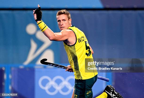Tom Wickham of Australia celebrates after scoring a goal during the gold medal final match between Australia and Belgium on day thirteen of the Tokyo...
