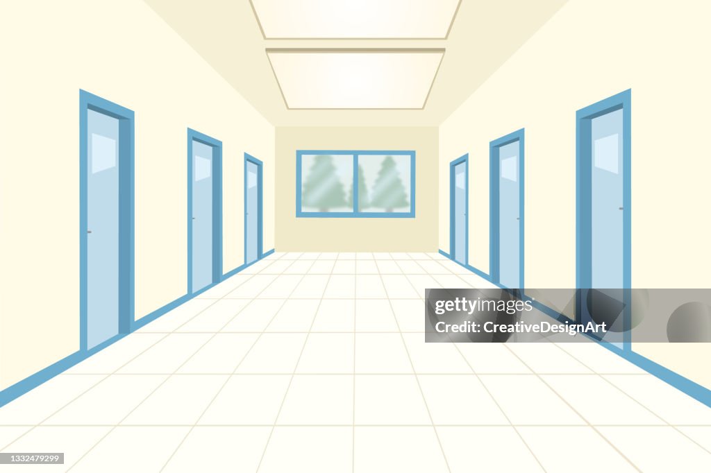 Empty School Hallway Interior With Closed Classroom Doors