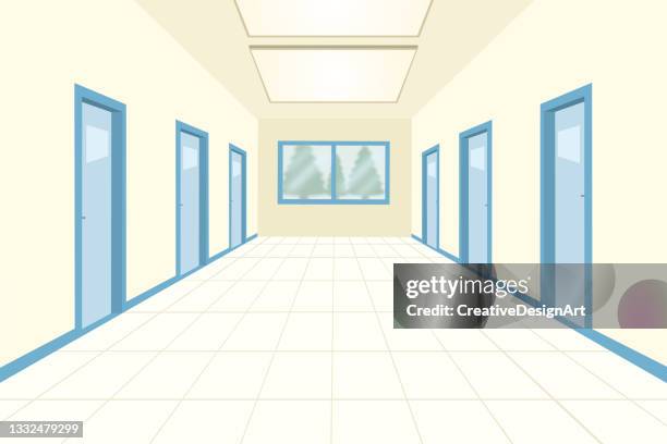 empty school hallway interior with closed classroom doors - diminishing perspective stock illustrations