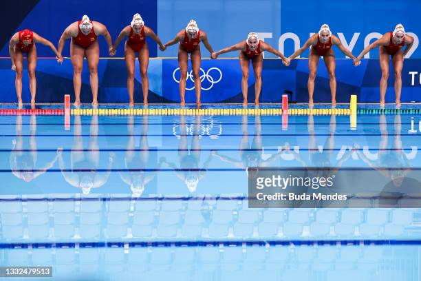 Sp during the Women's Semifinal match between Spain and Hungary on day thirteen of the Tokyo 2020 Olympic Games at Tatsumi Water Polo Centre on...