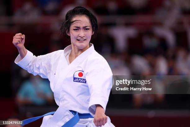 Kiyou Shimizu of Team Japan competes during the Women’s Karate Kata Final Bout on day thirteen of the Tokyo 2020 Olympic Games at Nippon Budokan on...