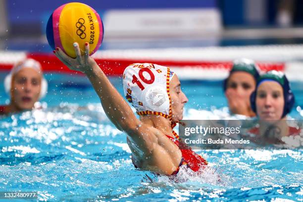 Roser Tarrago Aymerich of Team Spain on attack during the Women's Semifinal match between Spain and Hungary on day thirteen of the Tokyo 2020 Olympic...