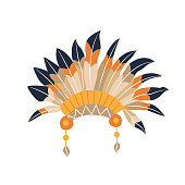 Traditional Native American feather headdress. Color cartoon warbonnet icon. Masquerade costume for Thanksgiving. Hat for a festive autumn parade. Object, element, clipart, item for greeting card.