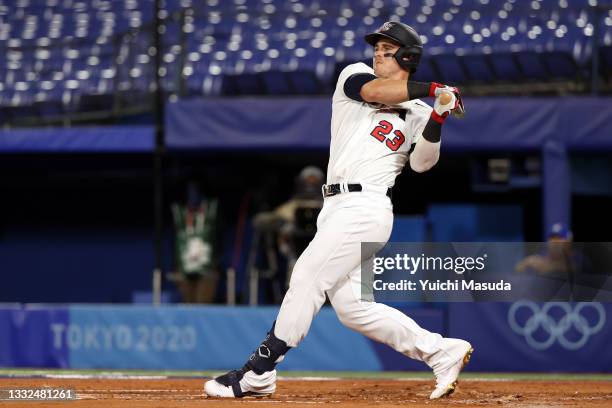 Tyler Austin of Team United States bats in the first inning against Team Republic of Korea during the semifinals of the men's baseball on day...