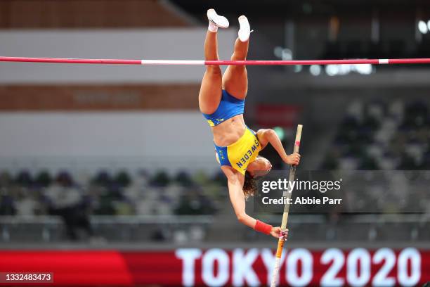 Angelica Bengtsson of Team Sweden competes during the Women's Pole Vault Final on day thirteen of the Tokyo 2020 Olympic Games at Olympic Stadium on...