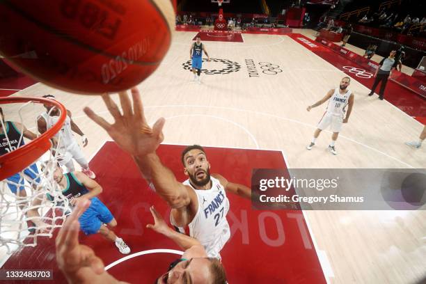 Rudy Gobert of Team France goes up for a block against Klemen Prepelic of Team Slovenia during the first half of a Men's Basketball semi-finals game...