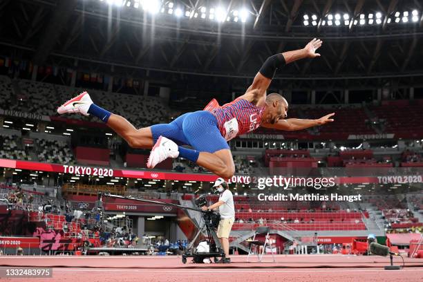 Garrett Scantling of Team United States competes in the Men's Decathlon Javelin Throw on day thirteen of the Tokyo 2020 Olympic Games at Olympic...