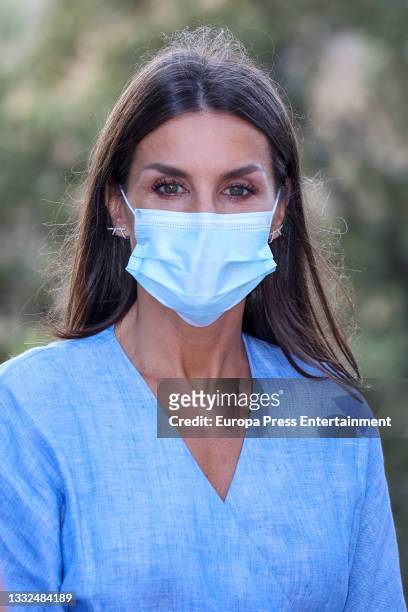 Queen Letizia on her arrival to visit the Interpretation Centre of the Natural Site of the Sierra de Tramontana and the Sanctuary of Lluc, on August...